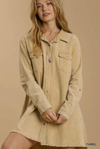 Stone wash button down dress in camel