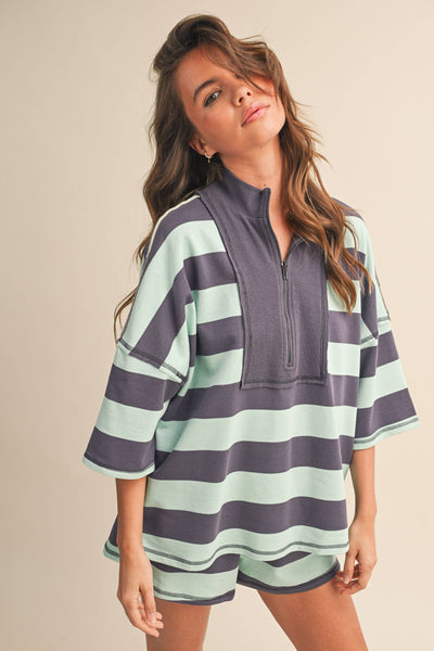 STRIPED HALF ZIP TOP AND SHORTS SET: MINT MULTI