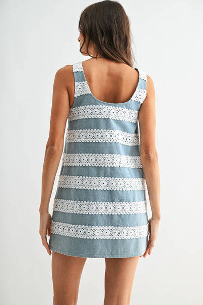 Camellia Denim Shift Mini Dress with Crochet Lace Trim: LIGHT WASHED DENIM