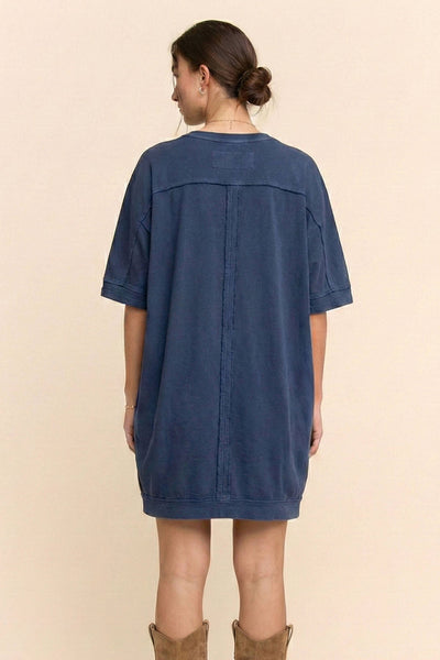 Garment-Dyed Exposed Seam Oversized Tee Dress: Indigo Navy