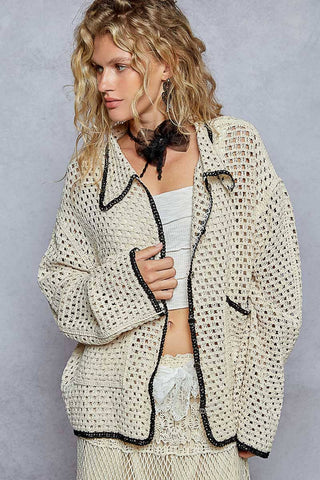 Long sleeve solid contrast crochet sweater shirt: NATURAL
