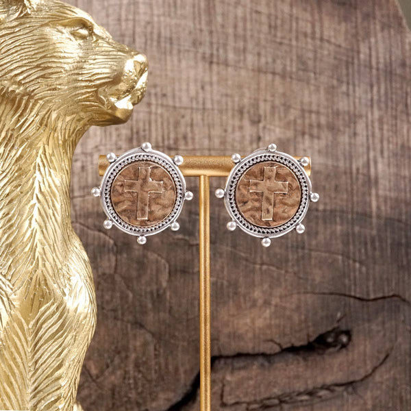 Divine Duo – Two-Tone Cross Coin Stud Earrings: Silver Frame-Gold Coin