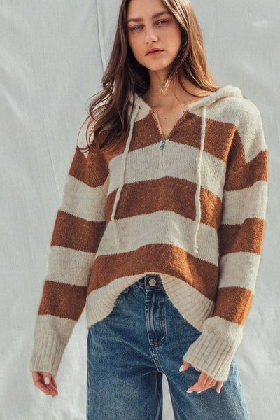 Striped Knit Hoodie – Half Zip, Relaxed Fit: IVORY CAMEL