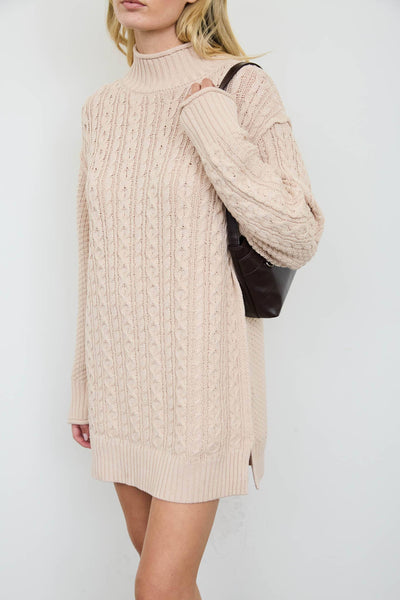 CABLE KNIT MOCK NECK MINI SWEATER DRESS: CHOCOLATE BROWN