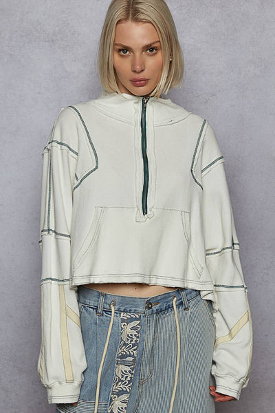 High neck zipper front long sleeve crop top