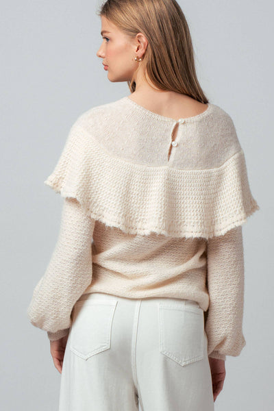 Ruffle Yoke Blouson Sleeve Knit Sweater: NATURAL