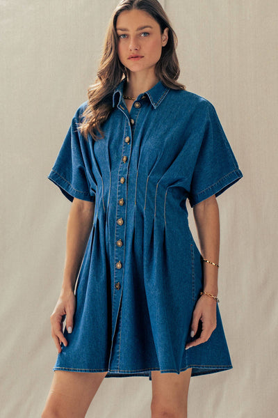 Tailored Waist Short Sleeve Denim Shirtdress: DENIM BLUE / S-M-L:2-2-2