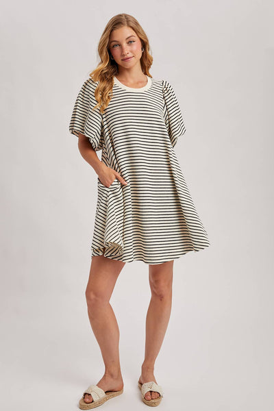 PUFF SLEEVES BILLOWY SILHOUETTE STRIPED DRESS: IVORY