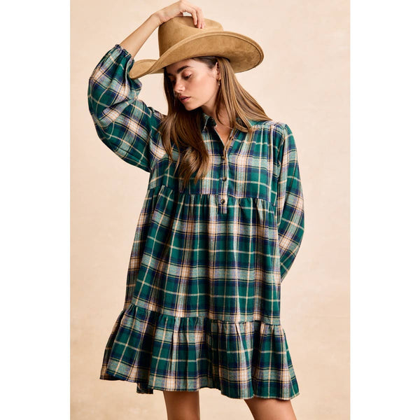 PLAID WOVEN SHRRING BUTTONED TIERED SHIRT DRESS: CAMEL MULTI / S