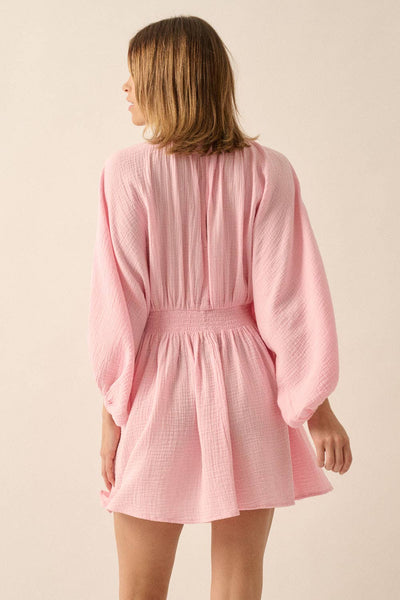 Crinkle Cotton V-neck Dolman-Sleeve Mini Dress: Soft Pink