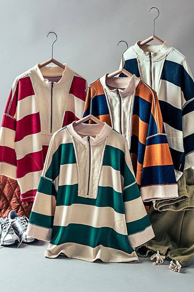 Oversized Half Zip Bold Stripe Statement Pullover Sweatshirt: CREAM BURGUNDY