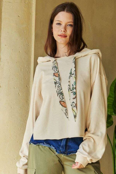 SOLID LONG SLEEVES PRINT TIE LOOSE FIT HOODIE TOP