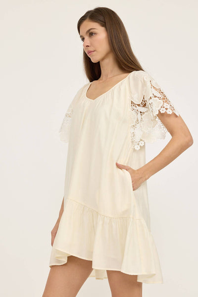 Crochet Lace Sleeve Dress - CREAM