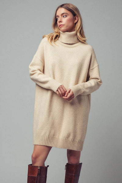 Oversized Turtleneck Ribbed Knit Sweater Dress: OATMEAL