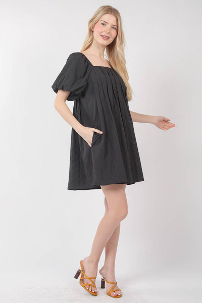 Puff Sleeve Pleated Spring Mini Dress: Black