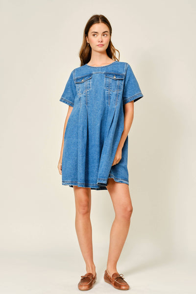 AJD5606 SHORT SLEEVE PLEATED A LINE DENIM DRESS: DENIM / S