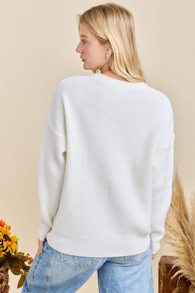 Hello Pumpkin Embroidered Knit Sweater – Fall Cozy Pullover: OFF WHITE