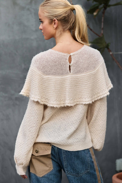 Ruffle Yoke Blouson Sleeve Knit Sweater: NATURAL