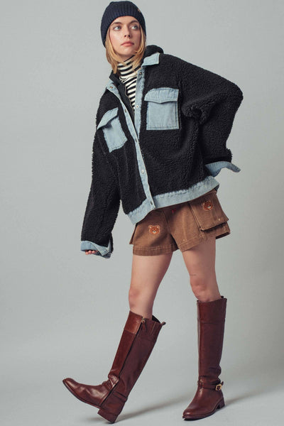 Denim Contrast Sherpa Mixed-Media Shacket: Black