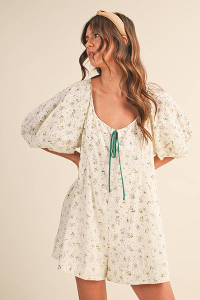 FLORAL SWISS DOT OVERSIZED PUFF SLEEVE ROMPER: CREAM/MINT