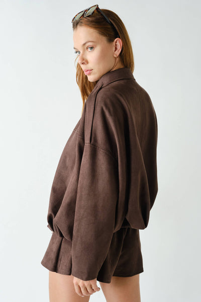 MOJAVE SUEDE-FINISH ZIP-FRONT JACKET: TRUFLE