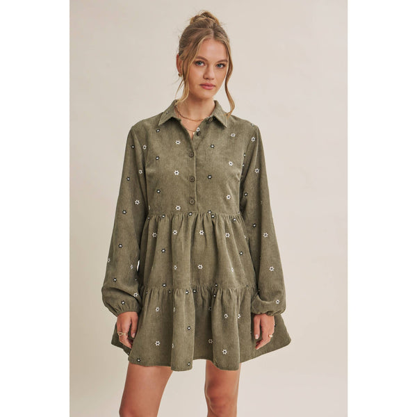 MEADOW MARKET ARTISAN DAISY EMBROIDERED CORDUROY MINI DRESS: OLIVE
