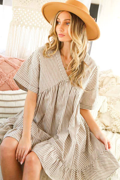 V-Neck Striped 100% Cotton Tiered Woven Dress VD81038: Taupe / M