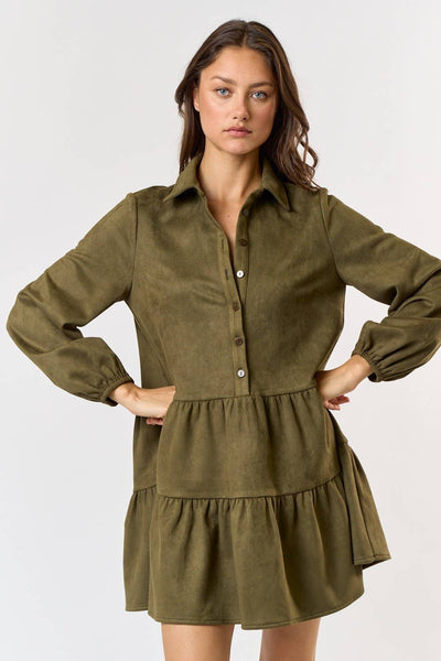 Button Up Tiered Babydoll Dress : Olive