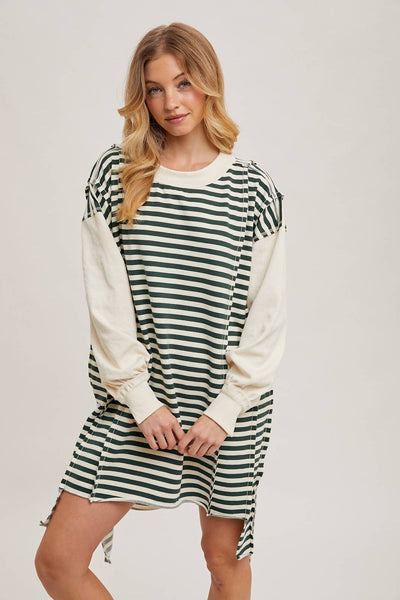 OVERSIZED CONTRAST STRIPE SWEATSHIRT DRESS: HUNTER GREEN