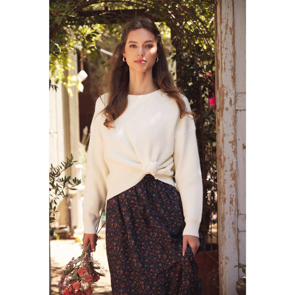 DOLMAN SLEEVE SWEATER WITH SATIN BACK TIE: CREAM