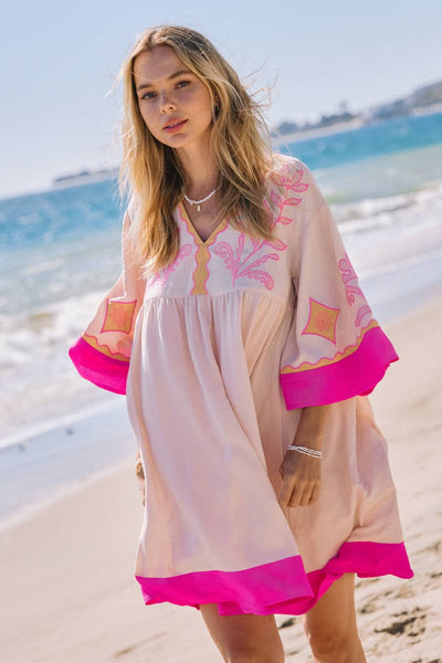 Embroidered Plunge V Neck Mini Dress: Hotpink Combo
