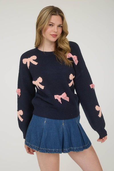 BOW PATTERN LONG SLEEVE KNIT SWEATER: NAVY