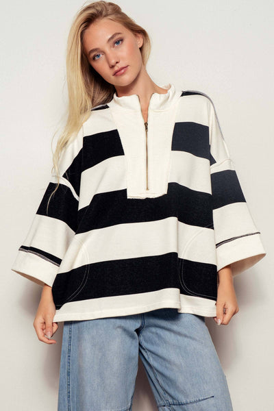 Oversized Half Zip Bold Stripe Statement Pullover Sweatshirt: CREAM BLACK