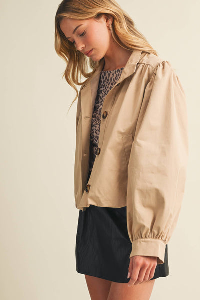 Funnel-Neck Puff-Sleeve Blouson Jacket: DK.BEIGE / S