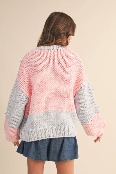 COLORBLOCK RIBBON DETAILED CHUNKY CARDIGAN: Pink