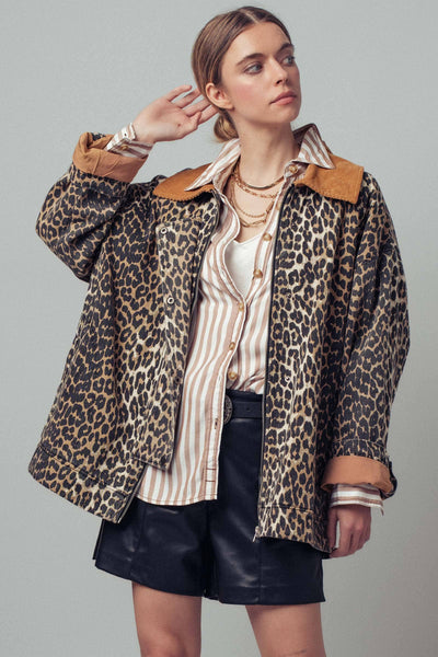 Corduroy Collar Leopard Print Jacket: LEOPARD