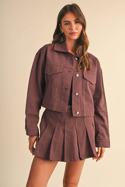 CROPPED TWILL JACKET WITH PLEATED FRONT SKORT SET: RED BEAN