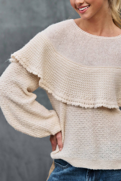 Ruffle Yoke Blouson Sleeve Knit Sweater: NATURAL
