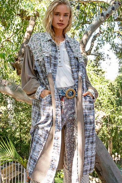 Balloon sleeve plaid floral contrast long placket jacket: OLIVE MULTI