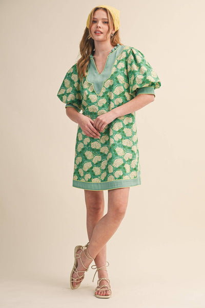 FLORAL PRINT PUFF SLEEVE A-LINE MINI DRESS MDR4855: SAGE GREEN FLORAL / M