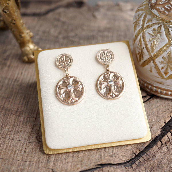 Faith & Relic – Cross Coin Dangle Earrings in Worn Gold or Silver: Silver