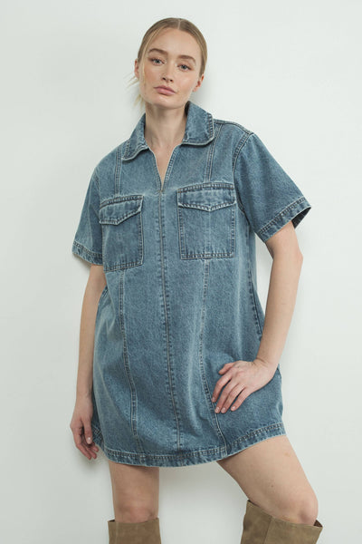 DENIM PULL ON COLLAR MINI DRESS: MEDIUM WASH
