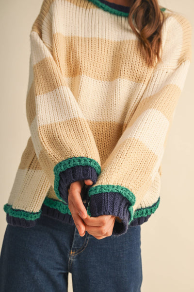 WIDE STRIPED SWEATER TOP: BEIGE MULTI