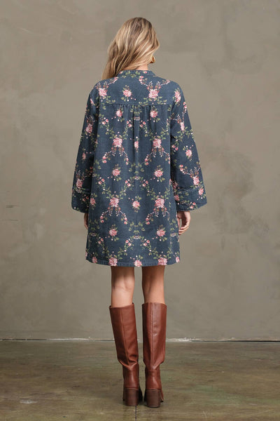 Floral Printed Denim Tunic Mini Dress - RD1201: BLOSSOM BLUE