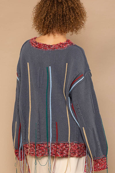 Contrast opening stitch pattern fringe pullover sweater