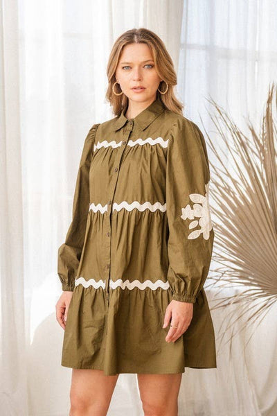 Solid Poplin Tired Shirt Mini Dress: Olive
