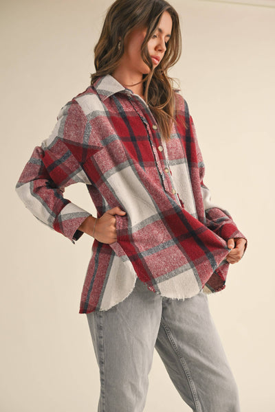 PLAID PATTERN PULLOVER TOP WITH POCKET: NAVY PLAID