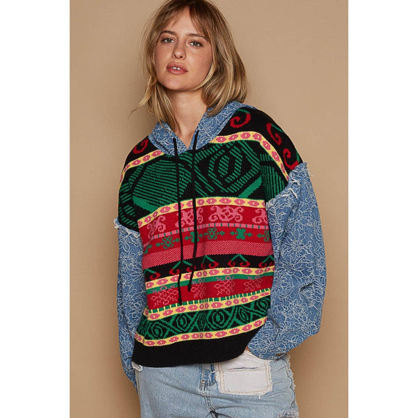 Embroidered patchwork denim sleeve sweater by pol