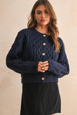 BUTTON FRONT CABLE KNITTED CARDIGAN: NAVY