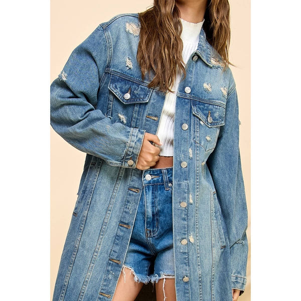 Distressed Long Denim Jacket